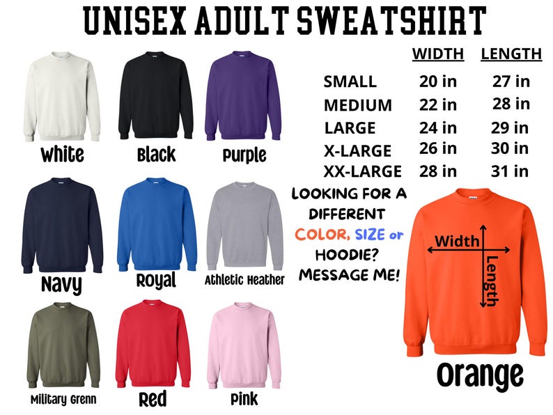 The image is a collage of various adult sweatshirts in different colors and sizes, along with their corresponding widths and lengths.