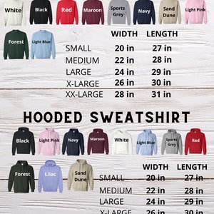 K&ouml;nnte beinhalten: Das Bild zeigt Sweatshirts mit Rundhals- und Kapuzen-Ausschnitt in verschiedenen Farben, wie Wei&szlig;, Schwarz und Rot. Die Gr&ouml;&szlig;en reichen von Small bis XX-Large, mit Breiten von 50.8 bis 71.1 cm und L&auml;ngen von 68.6 bis 78.7 cm. Enth&auml;lt eine Gr&ouml;&szlig;entabelle.