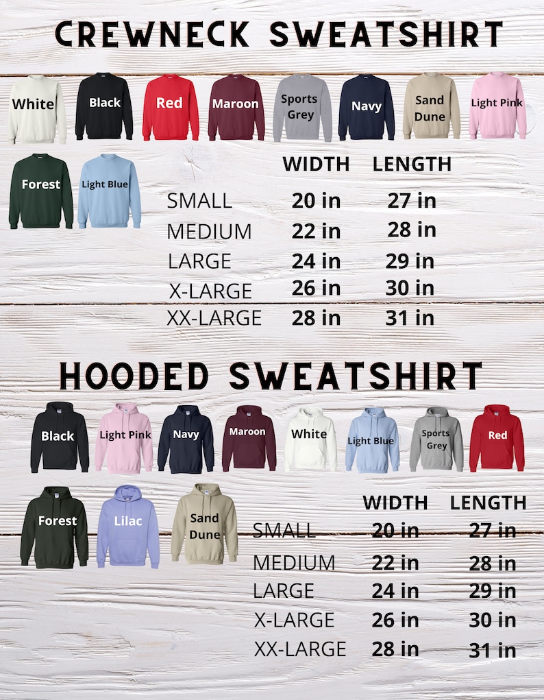 K&ouml;nnte beinhalten: Das Bild zeigt Sweatshirts mit Rundhals- und Kapuzen-Ausschnitt in verschiedenen Farben, wie Wei&szlig;, Schwarz und Rot. Die Gr&ouml;&szlig;en reichen von Small bis XX-Large, mit Breiten von 50.8 bis 71.1 cm und L&auml;ngen von 68.6 bis 78.7 cm. Enth&auml;lt eine Gr&ouml;&szlig;entabelle.