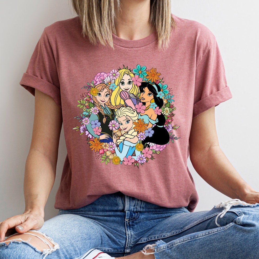 Disney Princesses Floral Shirt,elsa Anna Jasmine Rapunzel,disney Girls ...