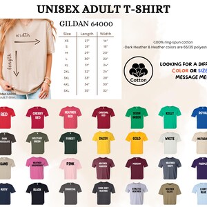 The image is a collage of various t-shirt designs, including different colors and sizes, along with a size chart and a message asking for a different color or size.