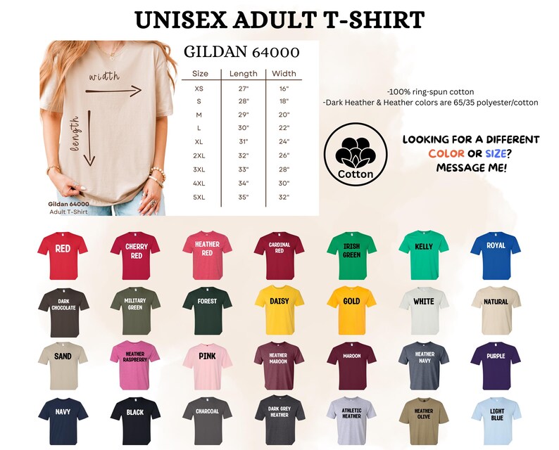 The image is a collage of various t-shirt designs, including different colors and sizes, along with a size chart and a message asking for a different color or size.