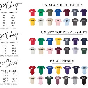three separate size charts for different types of clothing: a size chart for a youth t-shirt, a size chart for a unisex toddler t-shirt, and a size chart for baby onesies. The charts provide measurements in inches for each type of clothing item.