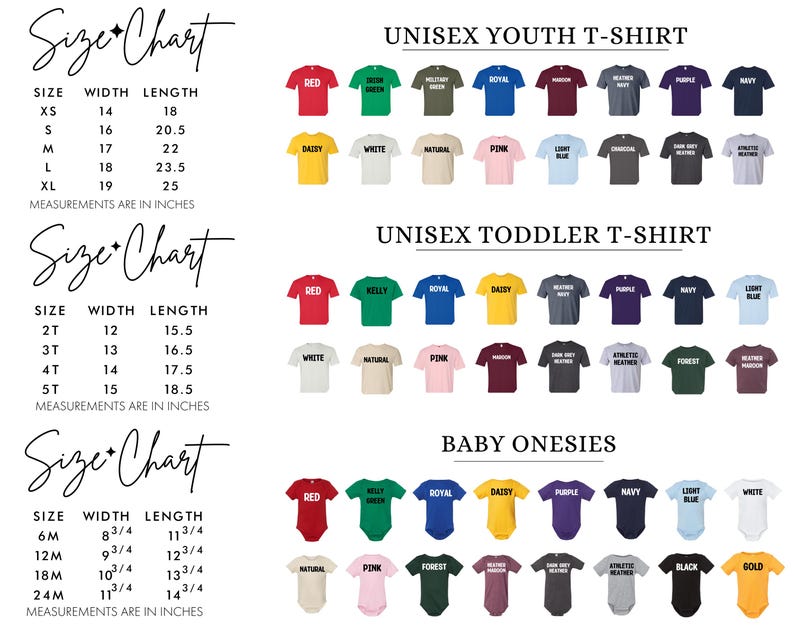 three separate size charts for different types of clothing: a size chart for a youth t-shirt, a size chart for a unisex toddler t-shirt, and a size chart for baby onesies. The charts provide measurements in inches for each type of clothing item.