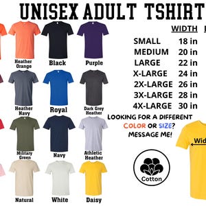 a variety of adult t-shirts in different colors and sizes, along with their corresponding widths and lengths.