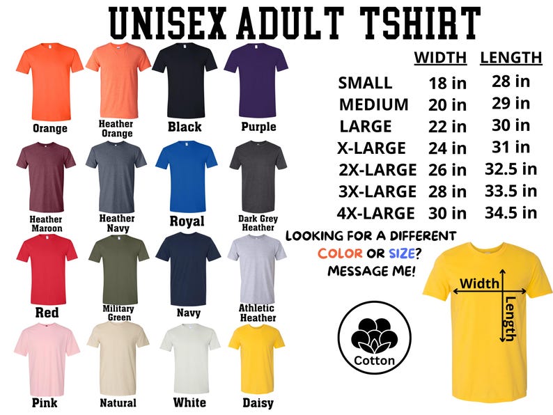 a variety of adult t-shirts in different colors and sizes, along with their corresponding widths and lengths.