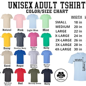 The image is a color/size chart for adult t-shirts, displaying various t-shirt colors and their corresponding sizes.