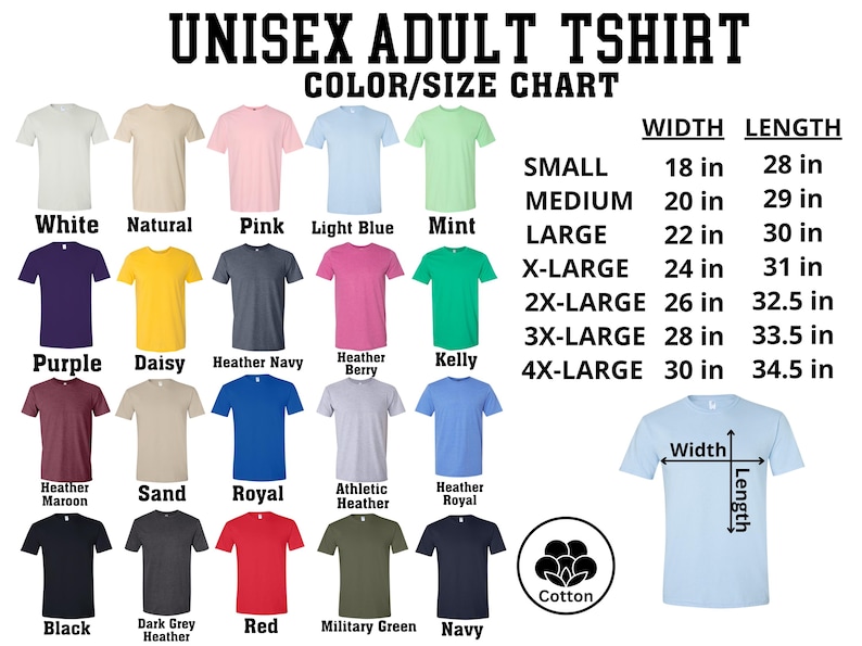 The image is a color/size chart for adult t-shirts, displaying various t-shirt colors and their corresponding sizes.