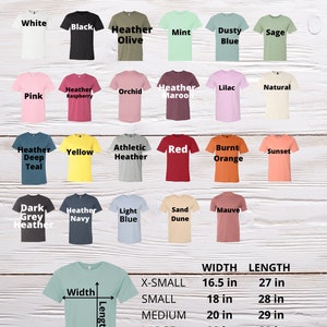 K&ouml;nnte beinhalten: Eine Farbkarte mit Bella Canvas 3001 Unisex-Erwachsenen-T-Shirts in verschiedenen Farben, darunter Wei&szlig;, Schwarz und Heather Olive. Die Tabelle zeigt auch die Breiten- und L&auml;ngenma&szlig;e f&uuml;r jede Gr&ouml;&szlig;e, von X-Small (42 cm Breite, 69 cm L&auml;nge) bis XX-Large (66 cm Breite, 81 cm L&auml;nge).