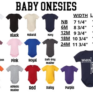 a collection of baby onesies in various colors and sizes, along with their corresponding widths.