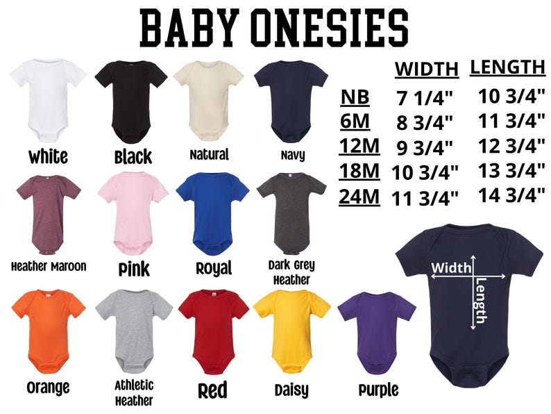 a collection of baby onesies in various colors and sizes, along with their corresponding widths.