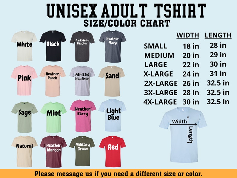 K&ouml;nnte beinhalten: Unisex-T-Shirt Gr&ouml;&szlig;en- und Farbtabelle f&uuml;r Erwachsene mit 16 verschiedenen Farboptionen. Die Tabelle zeigt die Breite und L&auml;nge in Zoll f&uuml;r die Gr&ouml;&szlig;en Small bis 4X-Large.