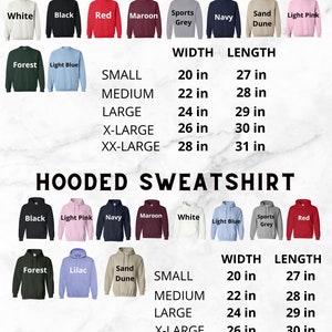 Puede incluir: Un gr&aacute;fico que muestra los diferentes tama&ntilde;os y colores de sudaderas con cuello redondo y con capucha. El gr&aacute;fico incluye las medidas de ancho y largo para cada talla. Los colores incluyen blanco, negro, rojo, granate, gris deportivo, azul marino, arena de duna, rosa claro, verde bosque, azul claro, lila y rojo.