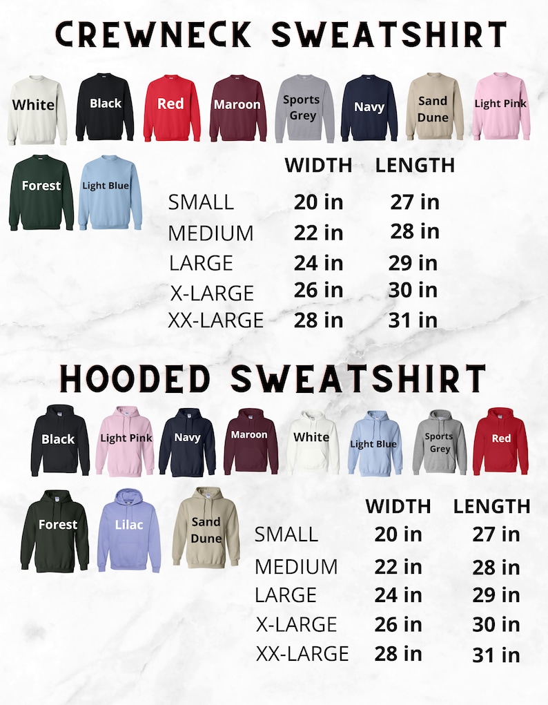 Puede incluir: Un gr&aacute;fico que muestra los diferentes tama&ntilde;os y colores de sudaderas con cuello redondo y con capucha. El gr&aacute;fico incluye las medidas de ancho y largo para cada talla. Los colores incluyen blanco, negro, rojo, granate, gris deportivo, azul marino, arena de duna, rosa claro, verde bosque, azul claro, lila y rojo.