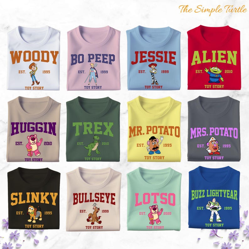 a bunch of t - shirts with cartoon characters on them