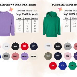a collection of children's clothing items, including a toddler crew neck sweatshirt and a toddler fleece hoodie. The sweatshirt is purple, and the hoodie is green. There are also various color options available, such as white, black, red, navy, and light pink. The image also includes size charts and guidelines for each item, providing information on the appropriate size for different age groups.