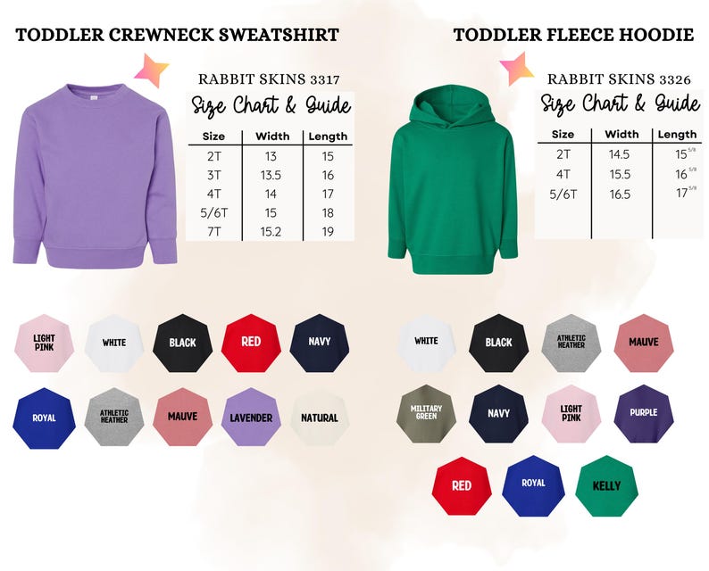a collection of children's clothing items, including a toddler crew neck sweatshirt and a toddler fleece hoodie. The sweatshirt is purple, and the hoodie is green. There are also various color options available, such as white, black, red, navy, and light pink. The image also includes size charts and guidelines for each item, providing information on the appropriate size for different age groups.