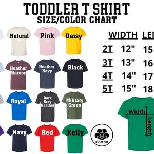 The image is a size/color chart for toddler t-shirts, displaying various t-shirt designs and their corresponding widths.