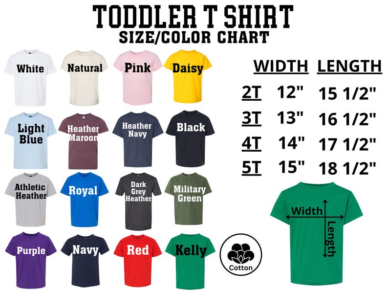 The image is a size/color chart for toddler t-shirts, displaying various t-shirt designs and their corresponding widths.