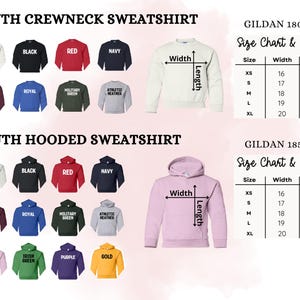 a collection of youth crewneck and youth hooded sweatshirts in various colors, sizes, and styles, along with size charts and guides for each type of sweatshirt.
