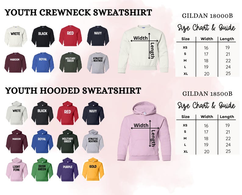 a collection of youth crewneck and youth hooded sweatshirts in various colors, sizes, and styles, along with size charts and guides for each type of sweatshirt.