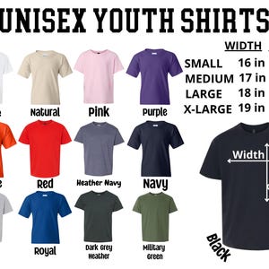 a collection of youth t-shirts in various colors and sizes, along with their corresponding width measurements.