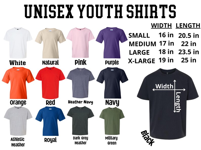 a collection of youth t-shirts in various colors and sizes, along with their corresponding width measurements.