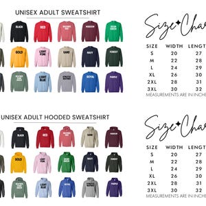 a collection of colorful adult hooded sweatshirts, each with a different color and size, arranged in two columns. The top column displays the different colors of the sweatshirts, while the bottom column shows the corresponding sizes in inches. The image does not contain any text, and the measurements are provided in inches.