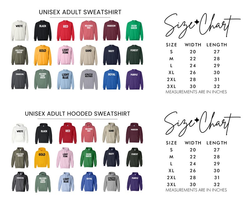 a collection of colorful adult hooded sweatshirts, each with a different color and size, arranged in two columns. The top column displays the different colors of the sweatshirts, while the bottom column shows the corresponding sizes in inches. The image does not contain any text, and the measurements are provided in inches.