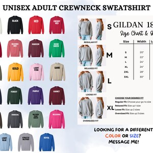 The image is a collage of various crew neck sweatshirts in different colors and sizes, along with a size chart and guide for the GILDA 1800 crew neck sweatshirt.