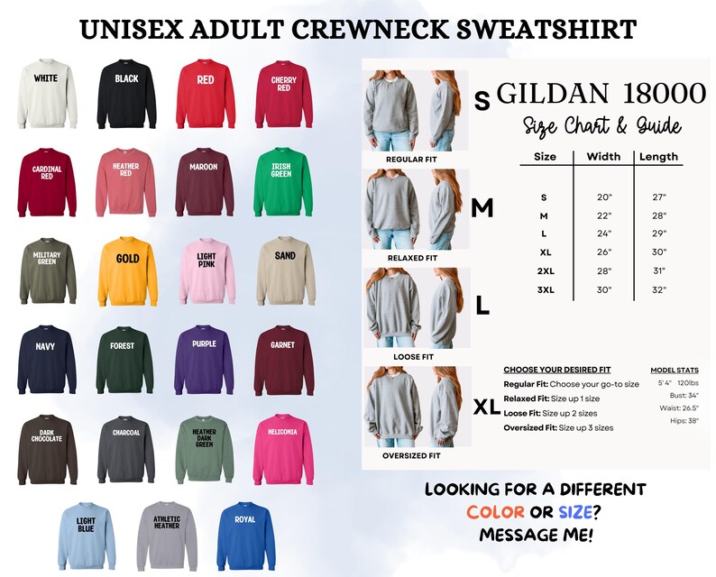 The image is a collage of various crew neck sweatshirts in different colors and sizes, along with a size chart and guide for the GILDA 1800 crew neck sweatshirt.