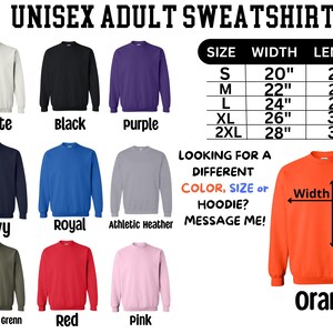 a collection of adult sweatshirts in various colors and sizes, including white, black, purple, and orange. The sweatshirts are arranged in a grid format, with each row representing a different color and size, and the columns representing the different types of sweatshirts available. The image also includes a table with size and length measurements for each sweatshirt, providing a visual guide for customers looking for a specific size or color.