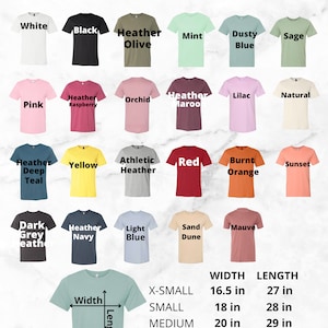 Puede incluir: Un gr&aacute;fico que muestra los diferentes colores y tama&ntilde;os de las camisetas unisex para adultos Bella Canvas 3001. El gr&aacute;fico incluye 20 colores y tama&ntilde;os diferentes que van desde la talla XS hasta la XXL. El gr&aacute;fico tambi&eacute;n incluye las medidas de ancho y largo para cada talla.