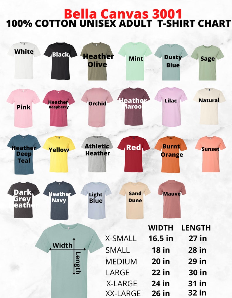Puede incluir: Un gr&aacute;fico que muestra los diferentes colores y tama&ntilde;os de las camisetas unisex para adultos Bella Canvas 3001. El gr&aacute;fico incluye 20 colores y tama&ntilde;os diferentes que van desde la talla XS hasta la XXL. El gr&aacute;fico tambi&eacute;n incluye las medidas de ancho y largo para cada talla.