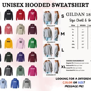 The image is a collage of various unisex hooded sweatshirts in different colors and sizes, along with a size chart and guide.