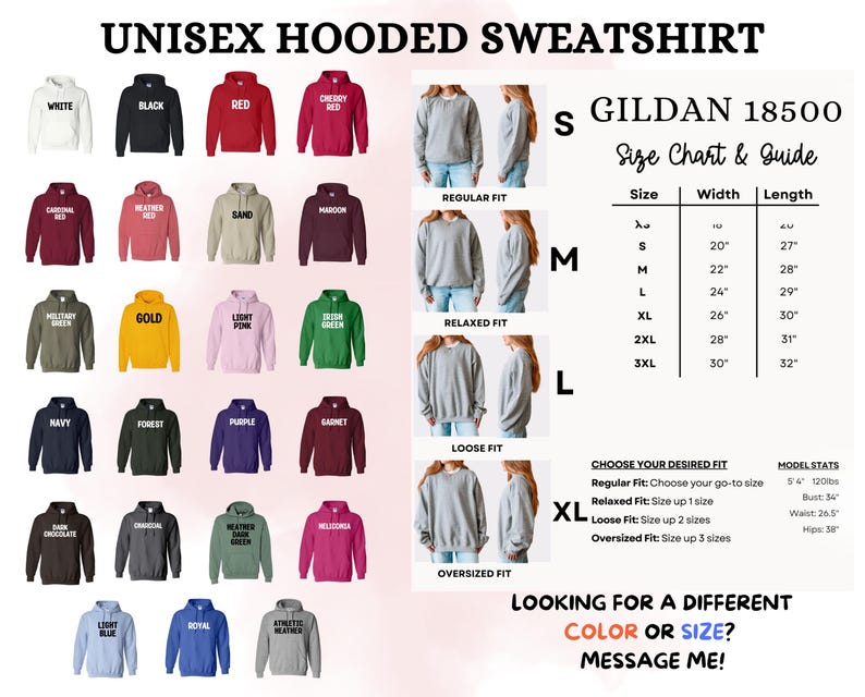The image is a collage of various unisex hooded sweatshirts in different colors and sizes, along with a size chart and guide.