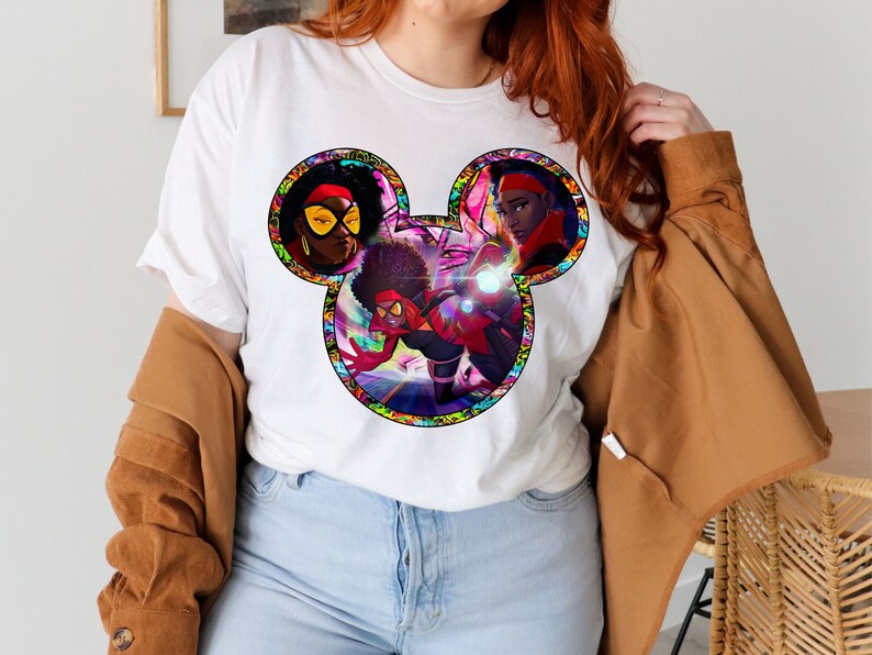 a woman with red hair wearing a mickey mouse shirt