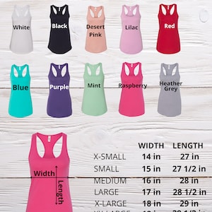 K&ouml;nnte beinhalten: Farbtabelle f&uuml;r Racerback-Tops mit Farben wie Wei&szlig;, Schwarz und Rot. Gr&ouml;&szlig;enangaben: X-Small (Breite 35,5 cm, L&auml;nge 68,6 cm) bis XX-Large (Breite 48,3 cm, L&auml;nge 74,9 cm).