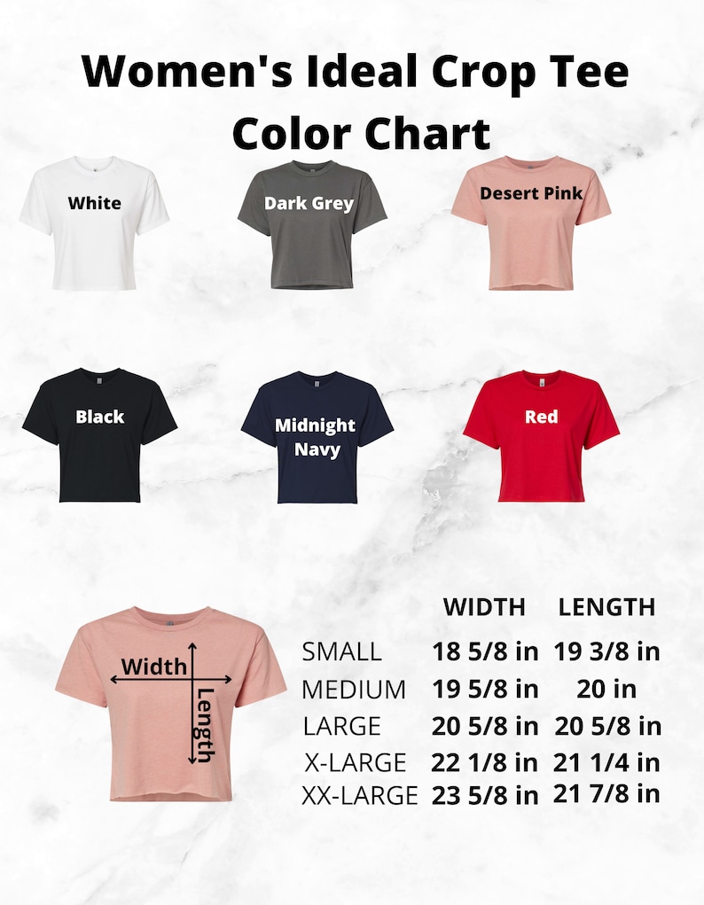 Puede incluir: Tabla de colores para camisetas de cultivo para mujeres en blanco, gris oscuro, rosa desierto, negro, rojo y azul marino. La tabla muestra las medidas de ancho y largo para cada talla: peque&ntilde;a, mediana, grande, extra grande y extra extra grande.
