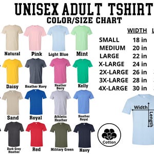 The image is a color/size chart for adult t-shirts, displaying various t-shirt colors and their corresponding sizes.