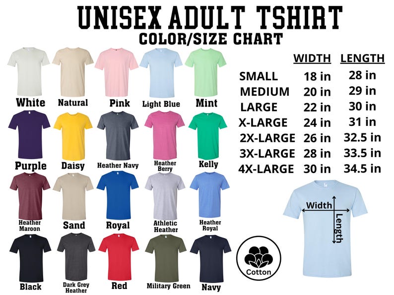 The image is a color/size chart for adult t-shirts, displaying various t-shirt colors and their corresponding sizes.