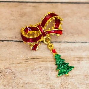 Vintage Red Ribbon Gold Tone Christmas Brooch - X21