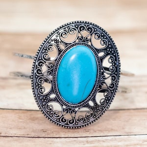 7 inch, Vintage Round Oval Blue Bead Silver Tone Hinge Bangle - XX9