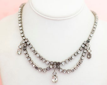 Vintage Ribbon Rhinestones Silver Tone Elegant Choker Necklace 16 inch - X10