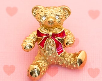 Vintage Teddy Bear Red Bow Pin by Avon - X8