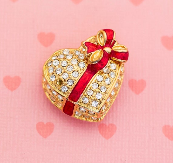 Vintage Heart Gift Rhinestones Gold Tone Brooch -… - image 1