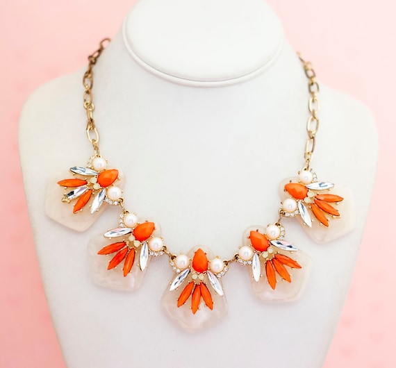 Vintage Orange Floral Elegant Bib Necklace 18 inc… - image 1