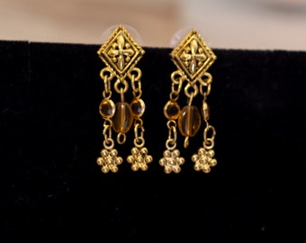 Vintage Brown Beads Diamond-shaped Cross Unique Floral Dangle Earrings - X27