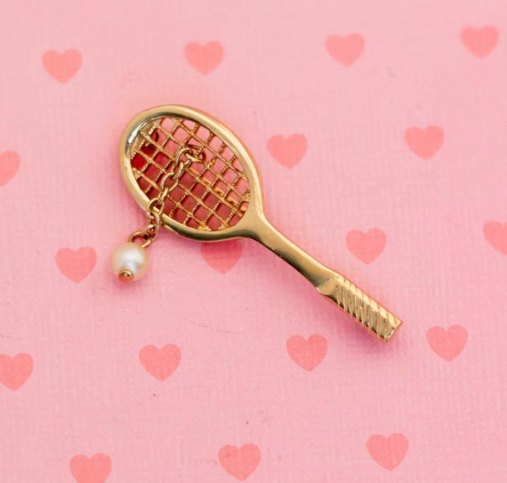 Vintage Tennis Racket Chained Faux Pearl Brooch b… - image 1