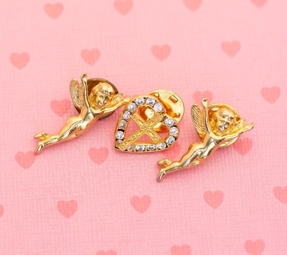 Vintage Angels Of Love Gold Tone Religious Pins -… - image 1